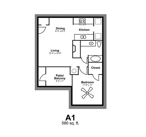 Floor plan for 1 bed, 1 bath, 580 sqft
